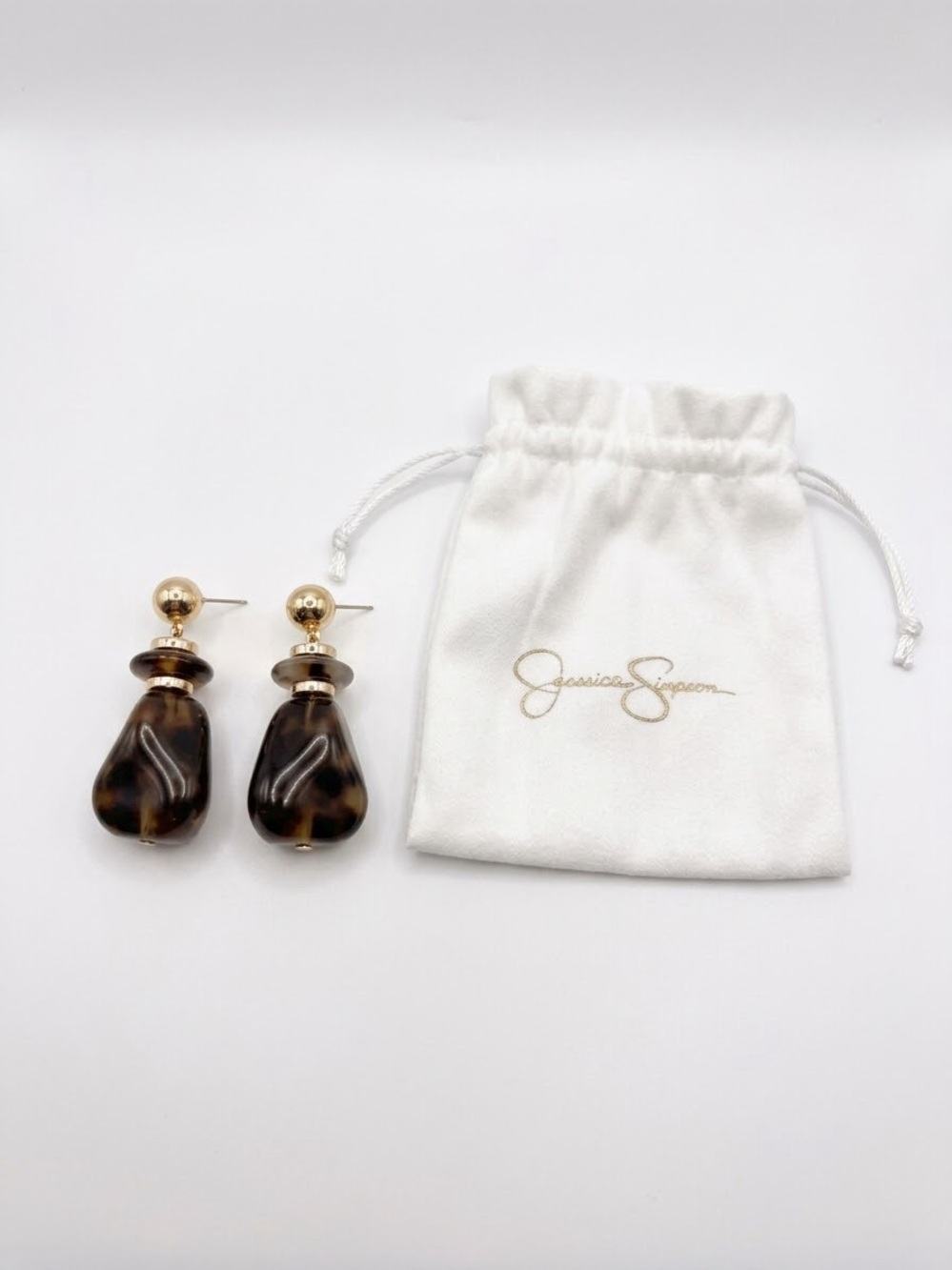 Jessica Simpson $32 NWT Tortoiseshell Resin Stone Drop Earrings Gold Tone 2"